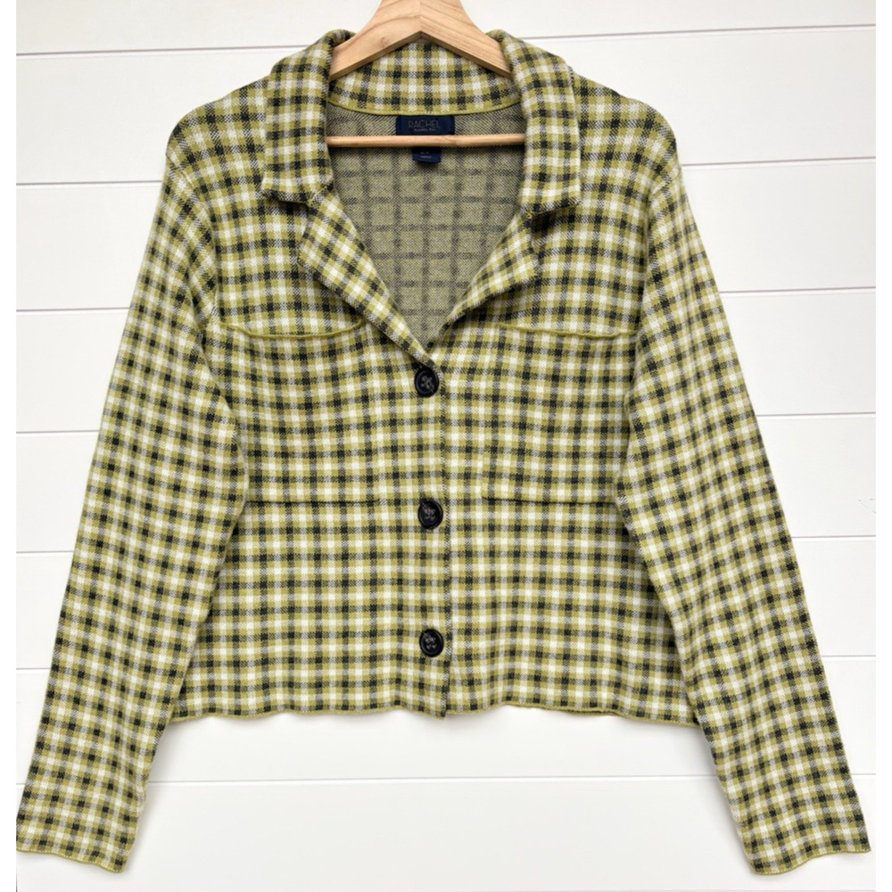Rachel Roy Plaid Button‎ Front Cropped Knit Blazer Cardigan XL Green Gray Career